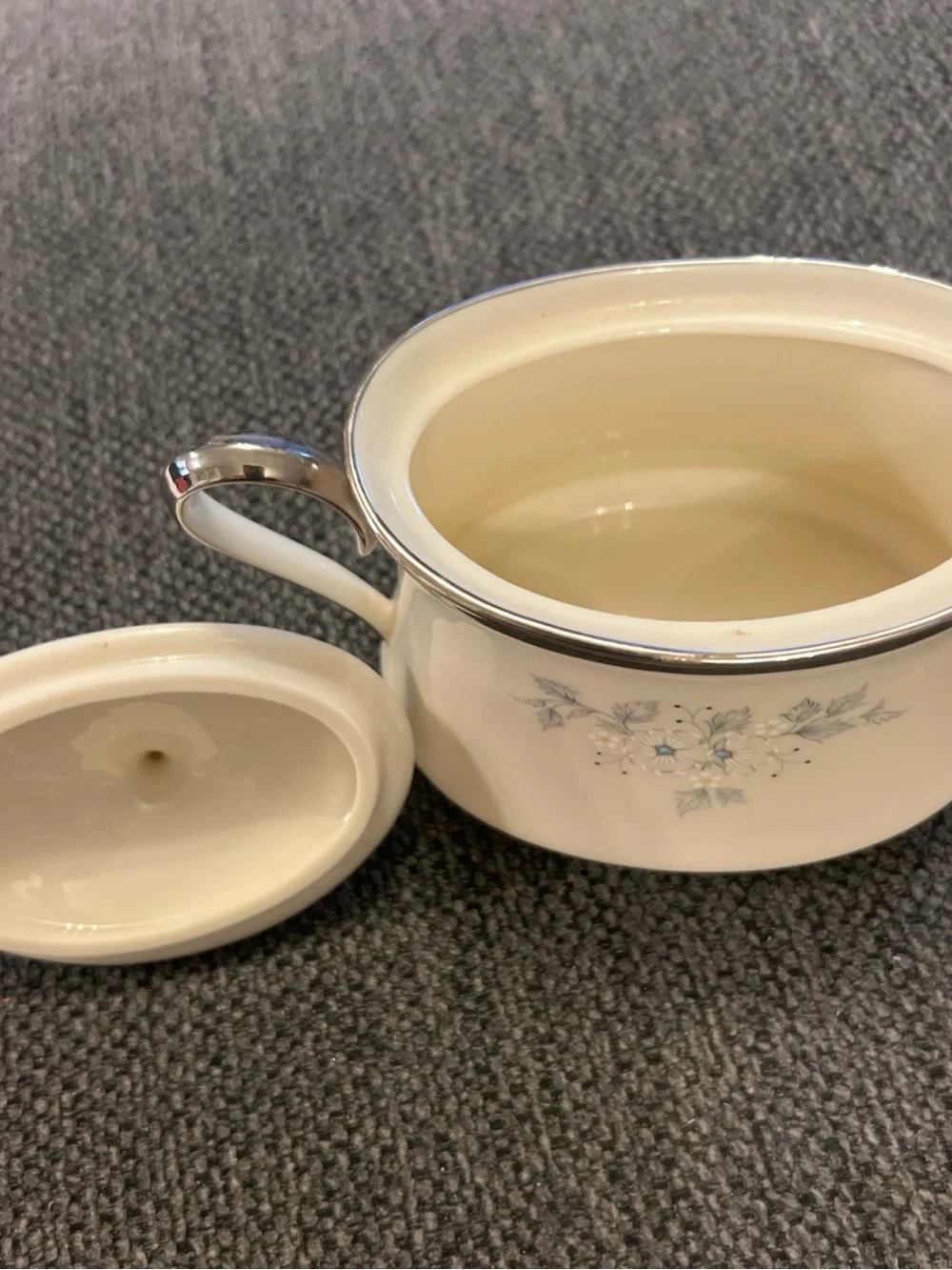 Lenox White Porcelain Covered Sugar Bowl with Blue Floral Motif and Silver Trim